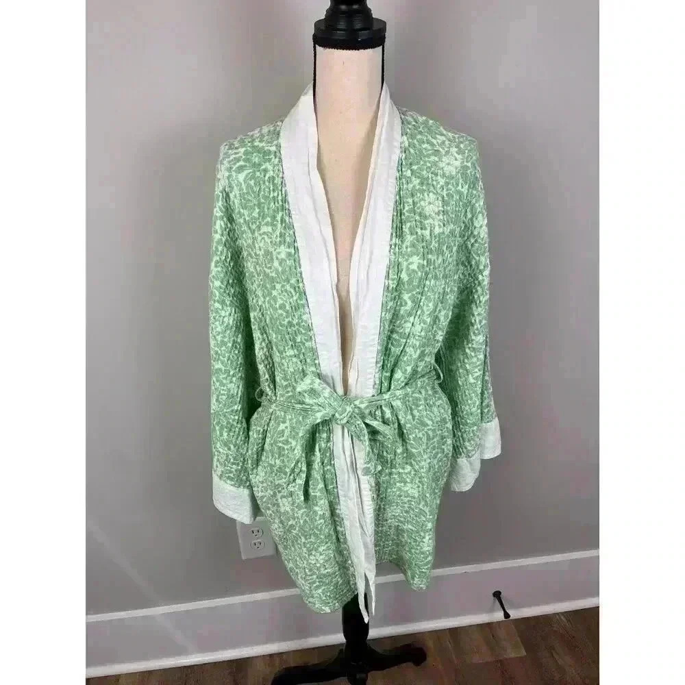 April Cornell Women's S/M Green Textured Robe Kimono Tie Long Sleeve Floral